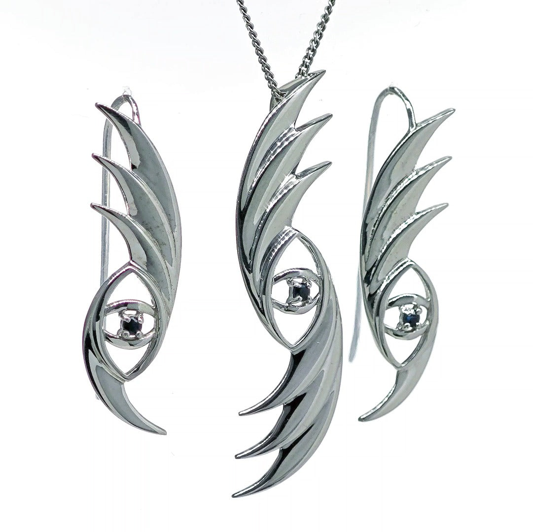 Sapphire evil eye necklace and earrings in sterling silver