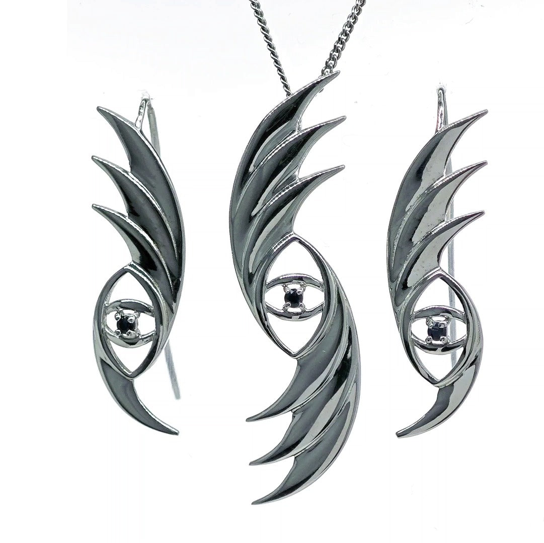 Sapphire evil eye necklace and earrings in sterling silver