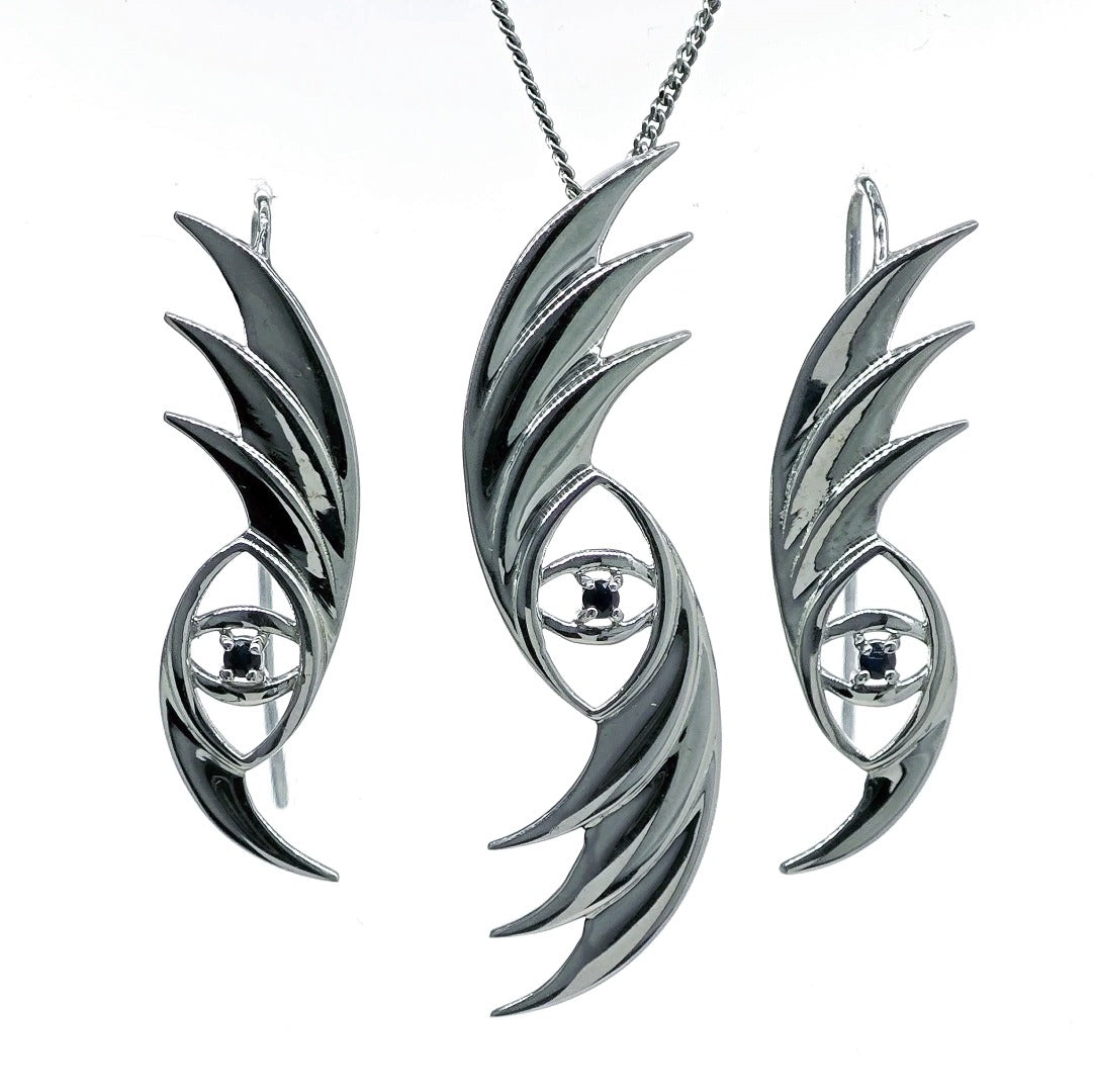 Sapphire evil eye necklace and earrings in sterling silver