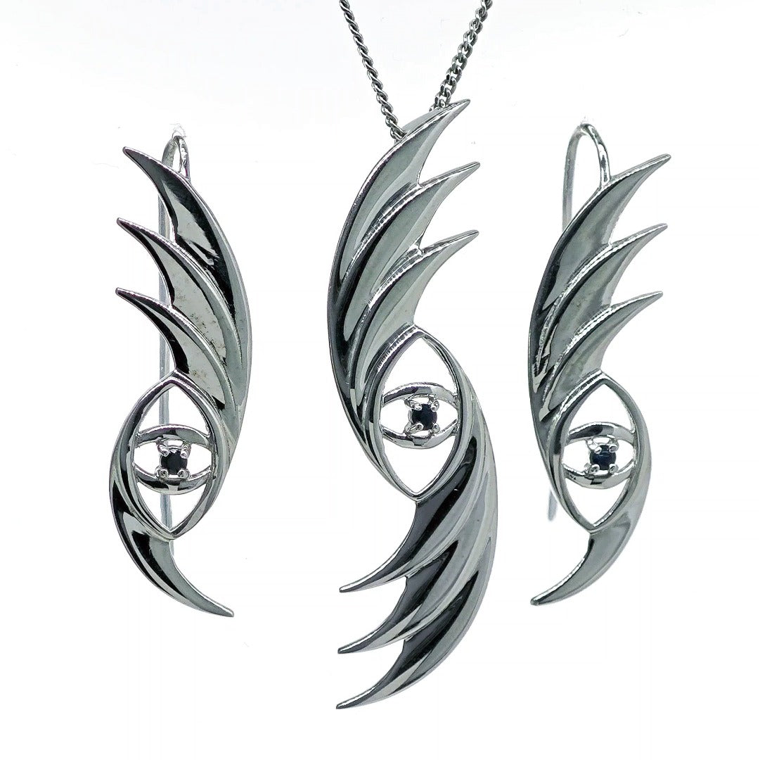 Sapphire evil eye necklace and earrings in sterling silver