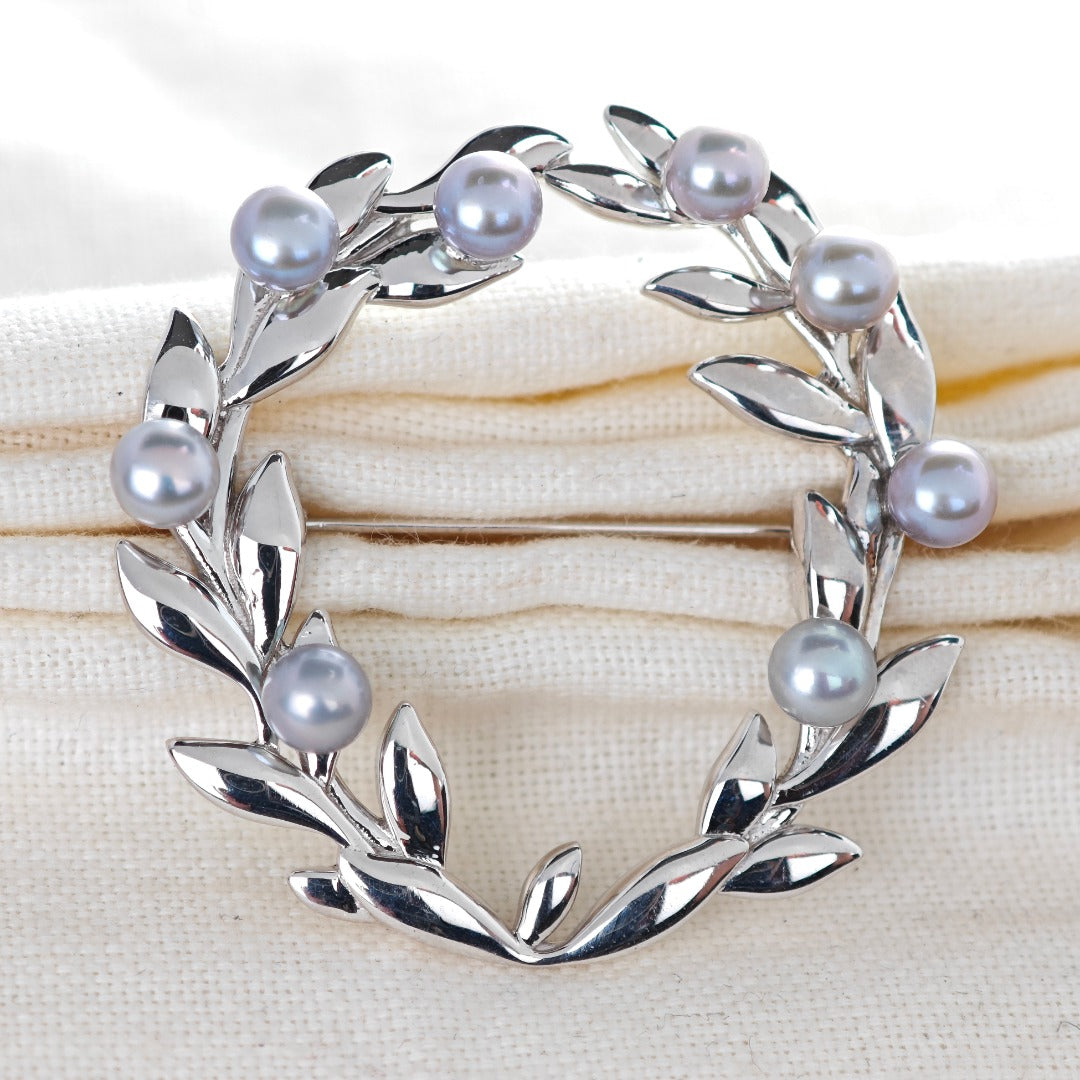 Olive wreath and grey freshwater pearl sterling silver brooch