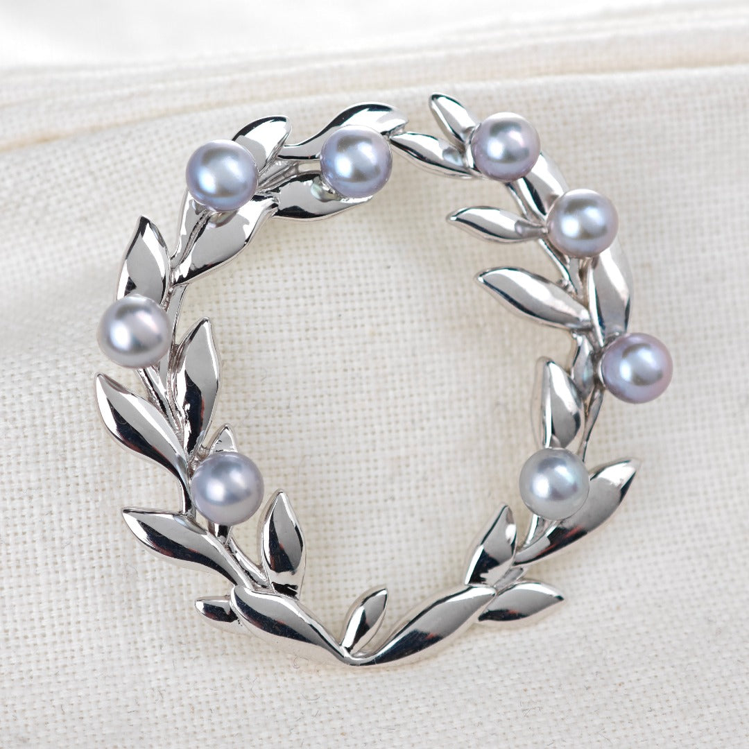 Olive wreath and grey freshwater pearl sterling silver brooch