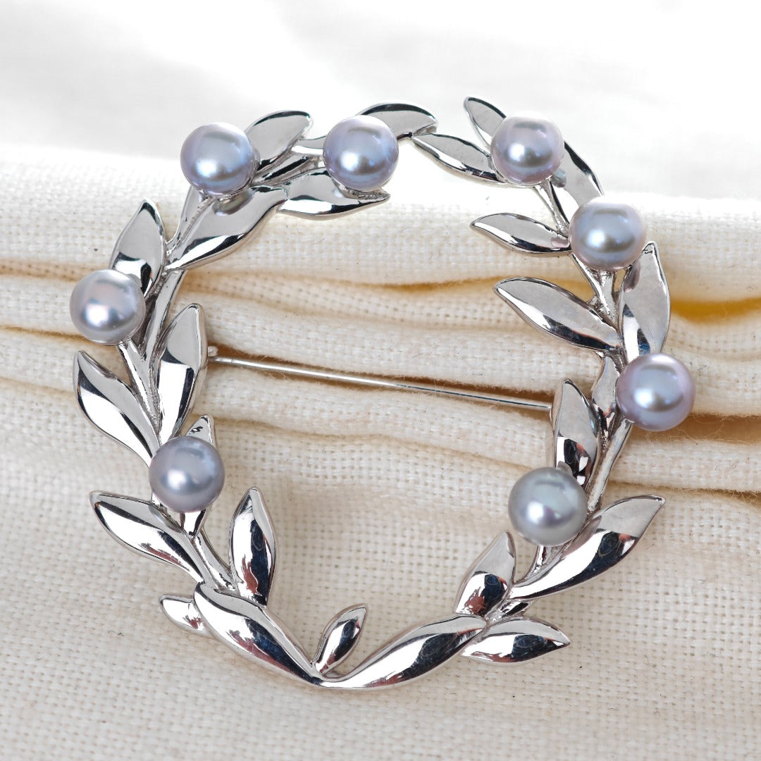 Olive wreath and grey freshwater pearl sterling silver brooch