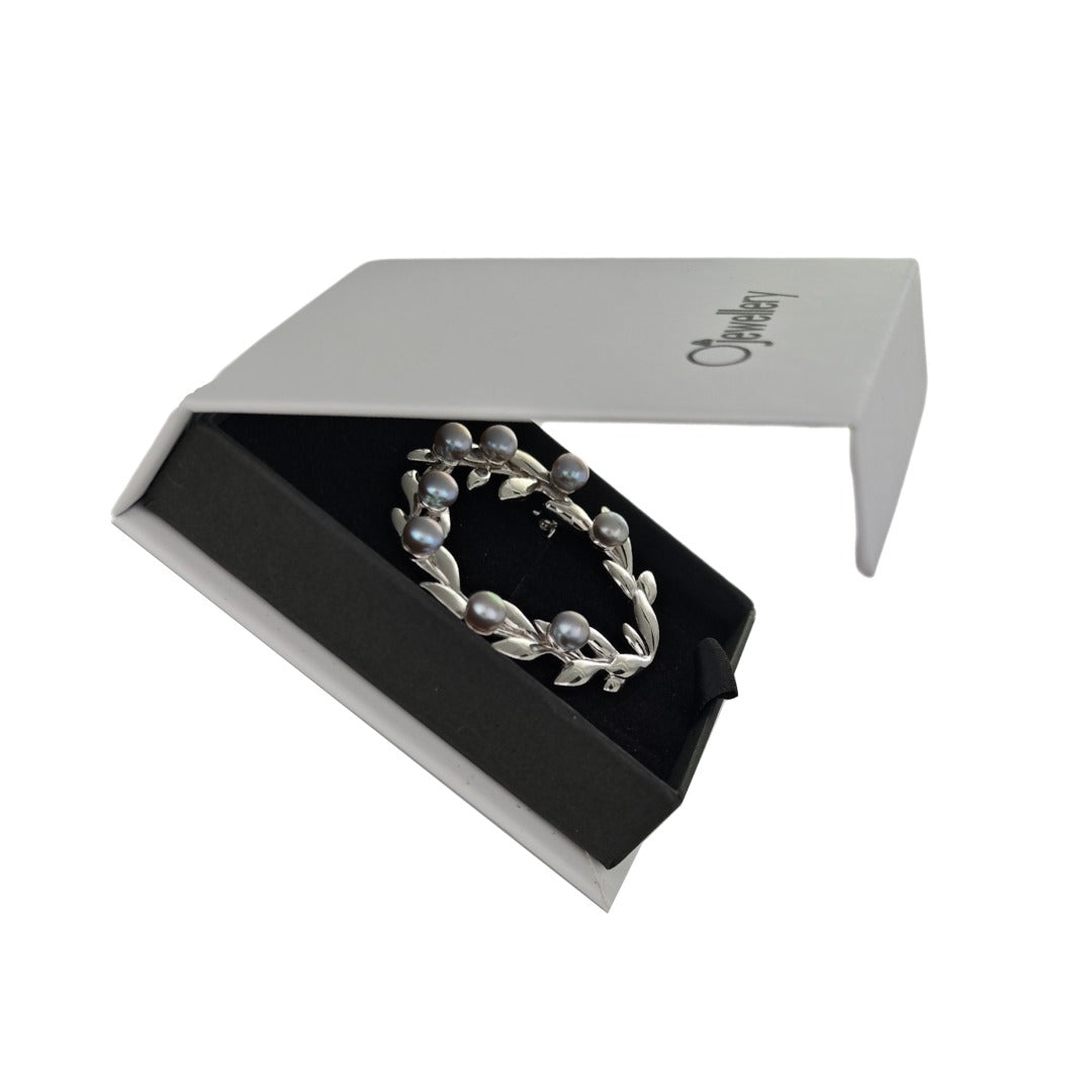 Olive wreath and grey freshwater pearl sterling silver brooch boxed