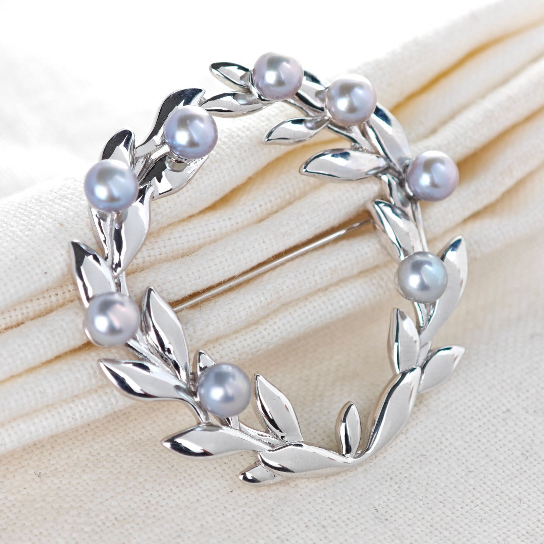 Olive wreath and grey freshwater pearl sterling silver brooch