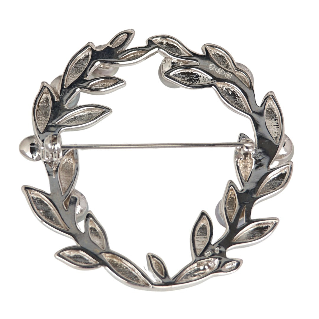 Olive wreath and grey freshwater pearl sterling silver brooch reverse showing hallmark