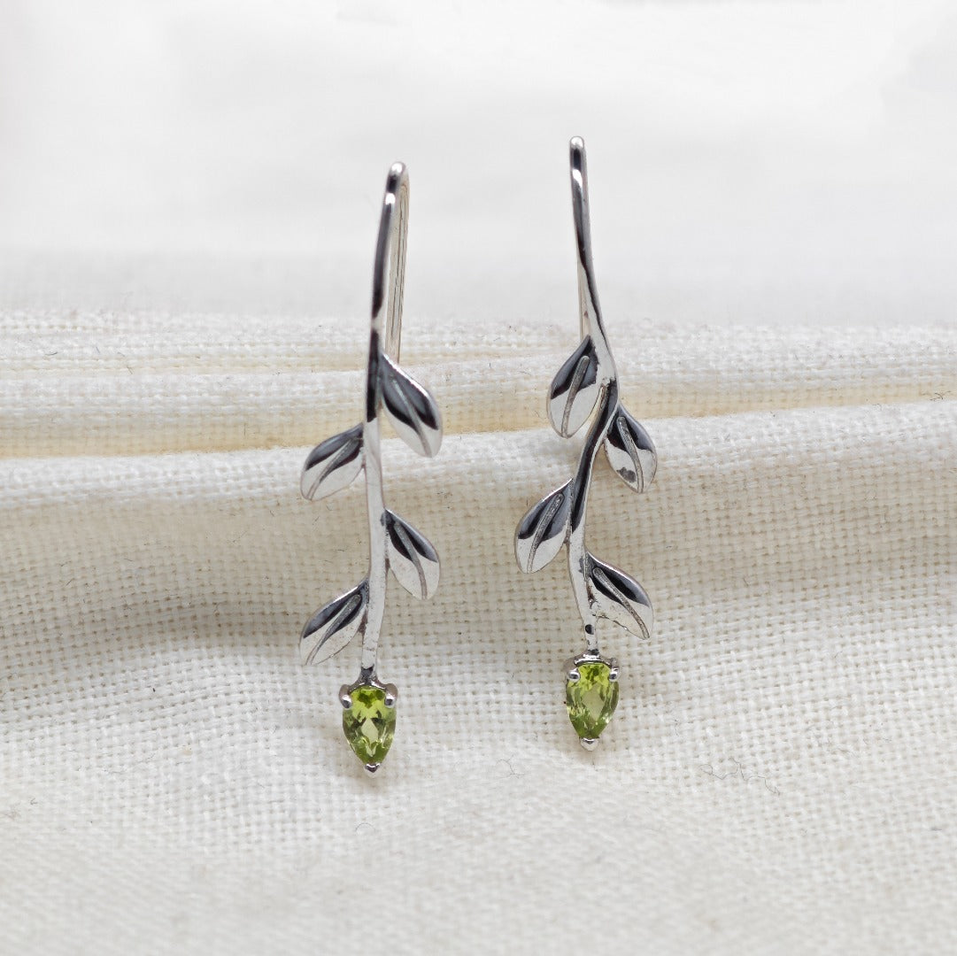 Peridot Dangle Earrings Leaf Motif Natural Green Gemstones Hook