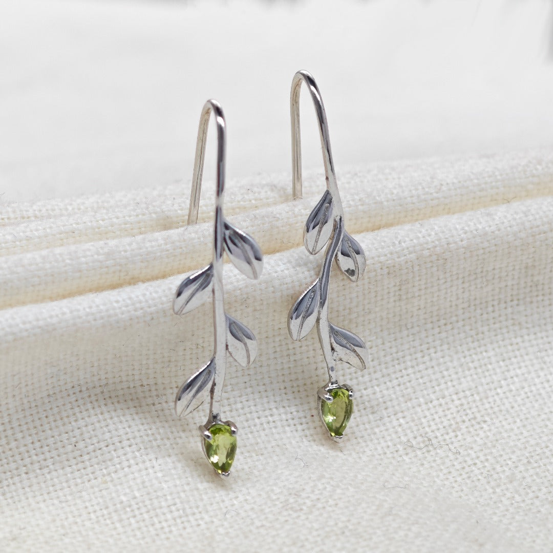 Peridot Dangle Earrings Leaf Motif Natural Green Gemstones Hook