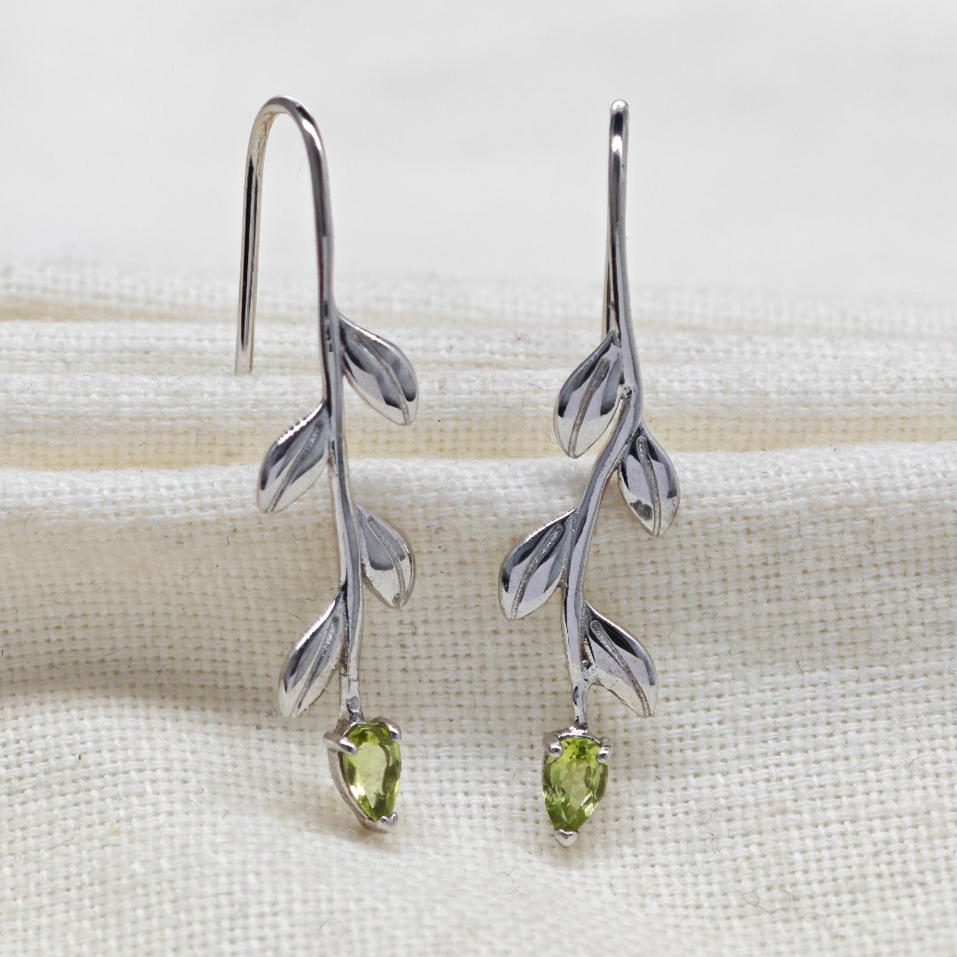 Peridot Dangle Earrings Leaf Motif Natural Green Gemstones Hook