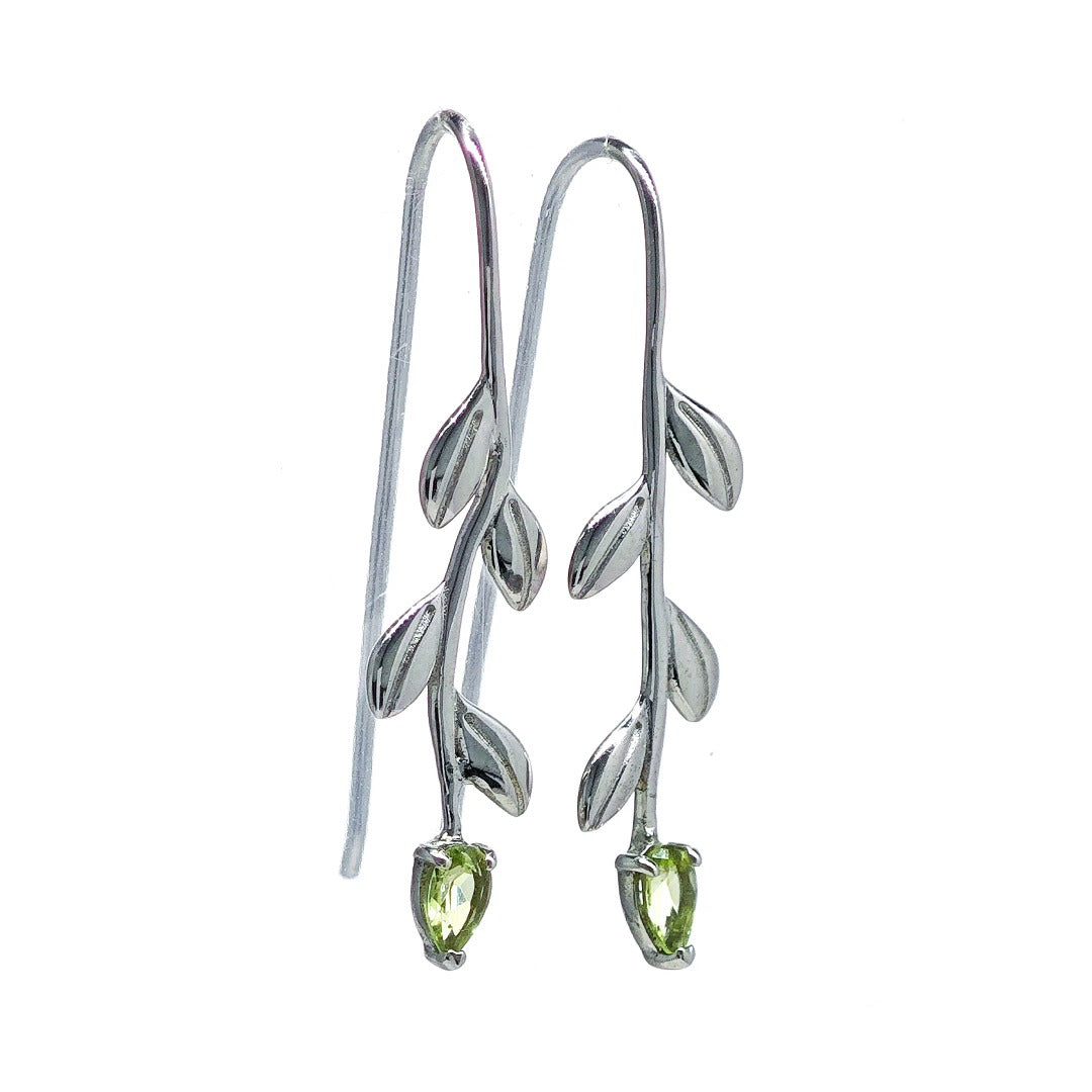 Peridot Dangle Earrings Leaf Motif Natural Green Gemstones Hook