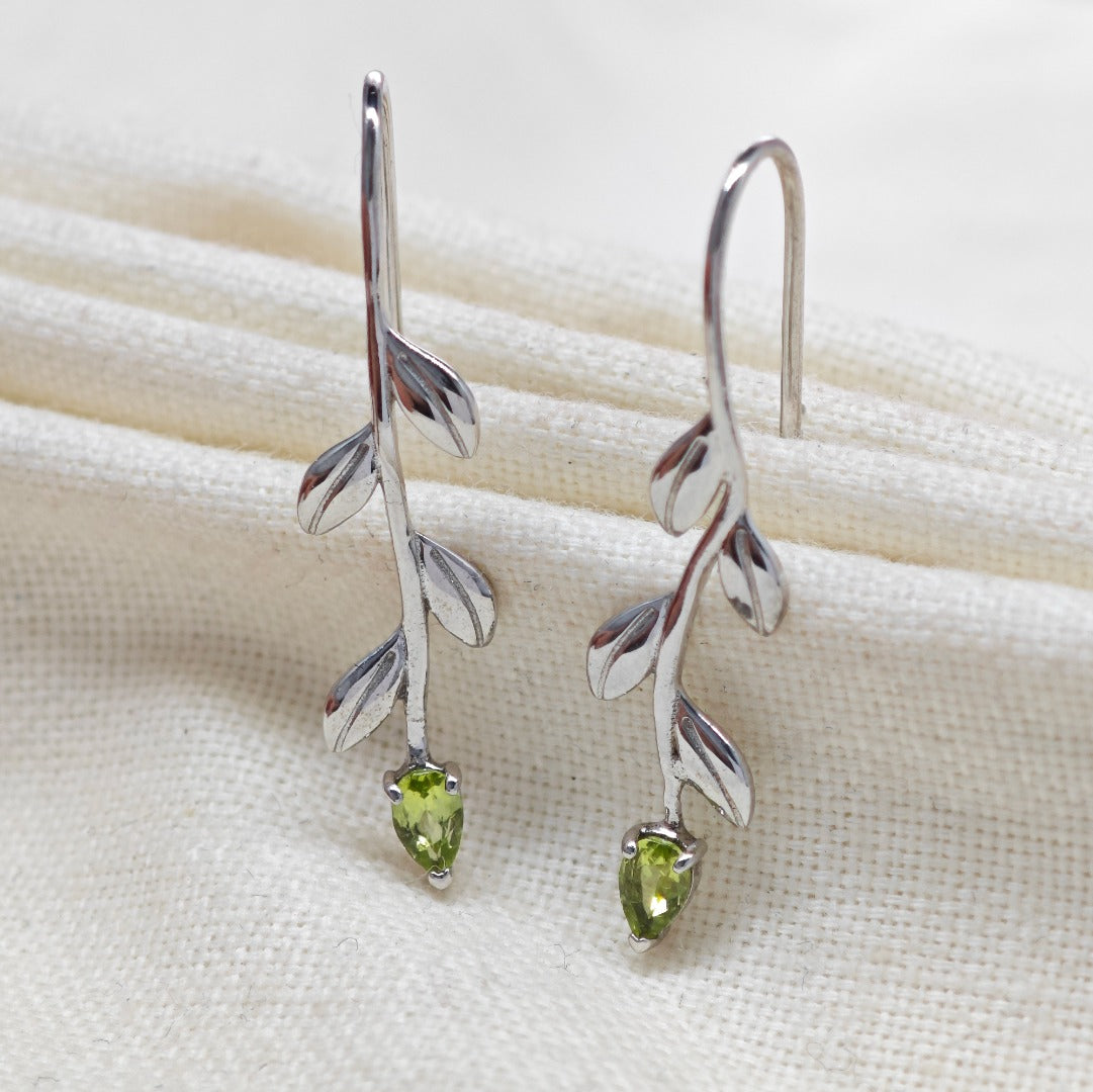 Peridot Dangle Earrings Leaf Motif Natural Green Gemstones Hook