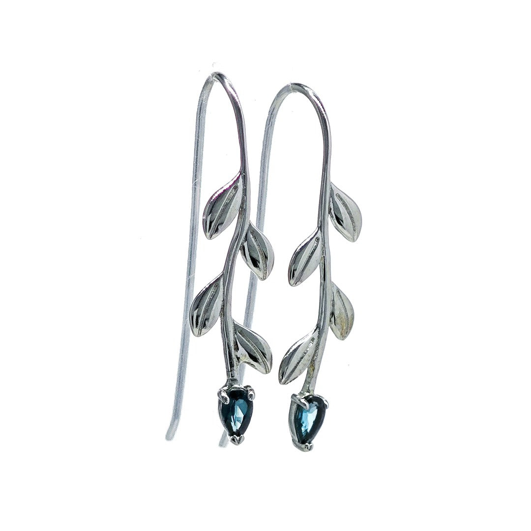 Blue Topaz Dangle Earrings Leaf Motif Natural Dyed Gemstones Hook