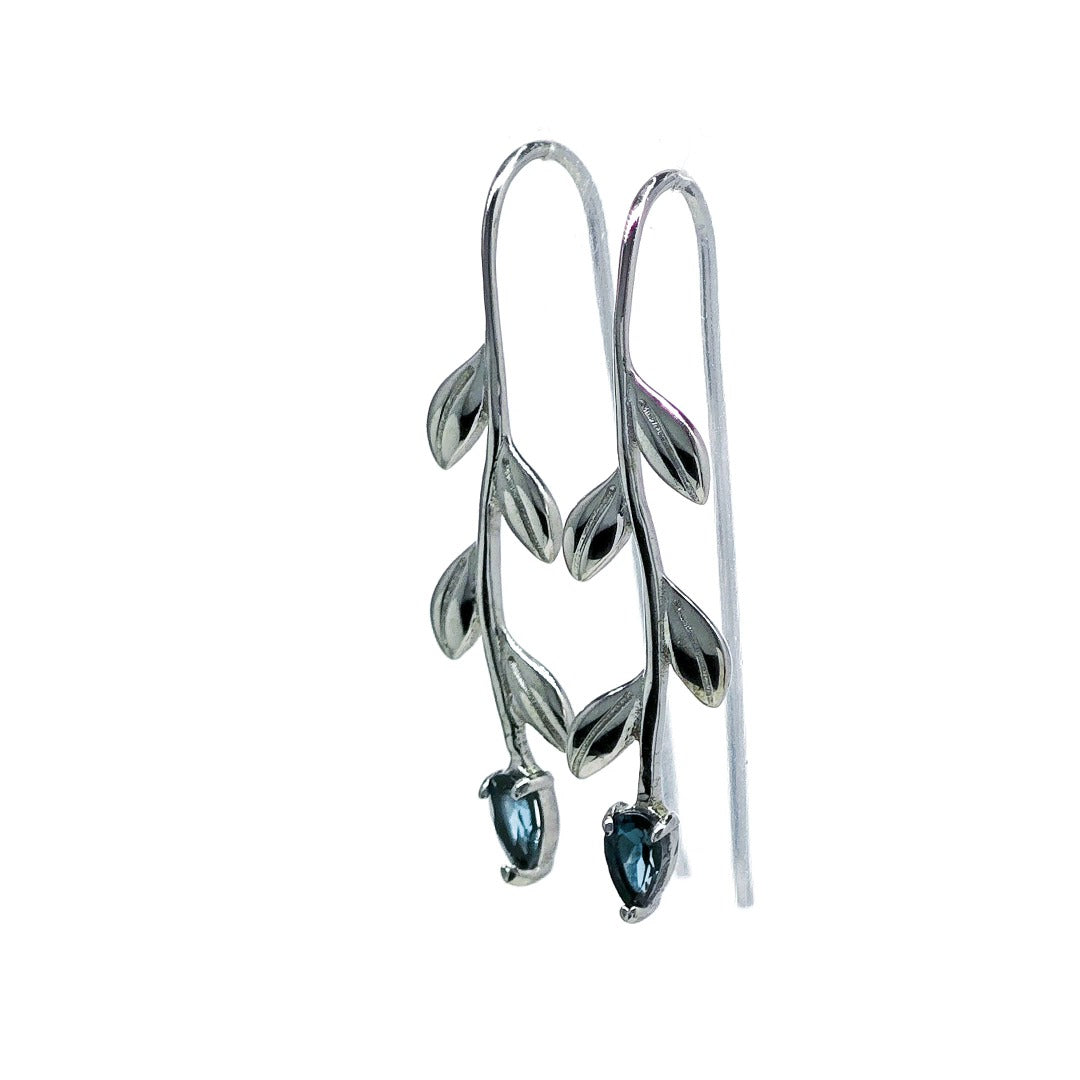 Blue Topaz Dangle Earrings Leaf Motif Natural Dyed Gemstones Hook