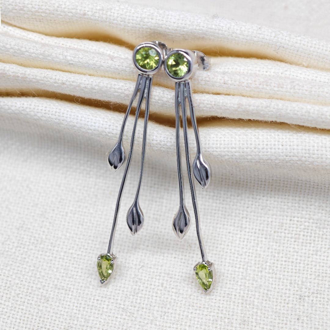 Peridot Dangle Earrings Leaf Motif Natural Green Gemstones Butterfly