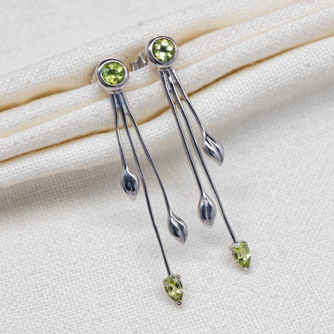 Peridot Dangle Earrings Leaf Motif Natural Green Gemstones Butterfly