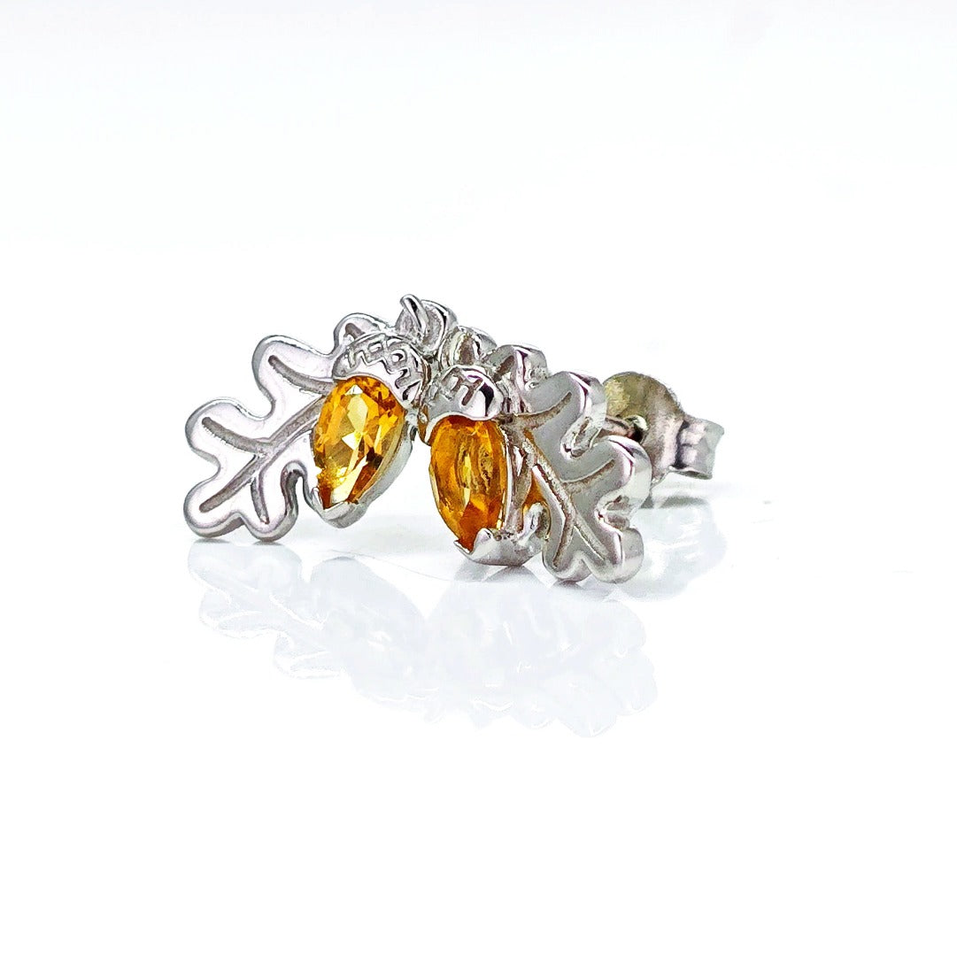 Oak Leaf Stud Earrings with Citrine Acorn