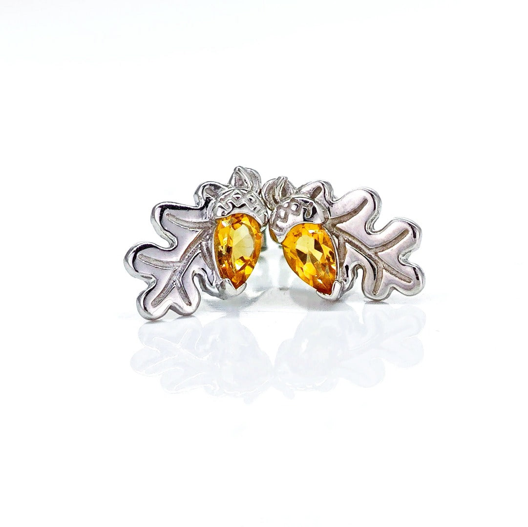 Oak Leaf Stud Earrings with Citrine Acorn