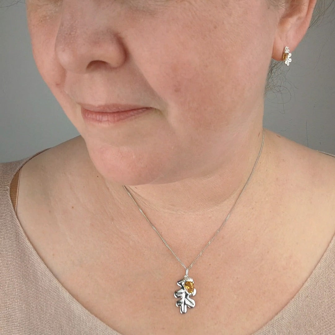 Oak Leaf Stud Earrings with Citrine Acorn