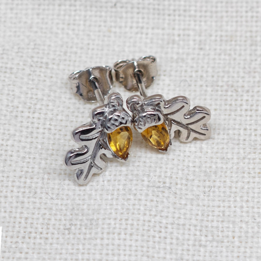 Oak Leaf Stud Earrings with Citrine Acorn