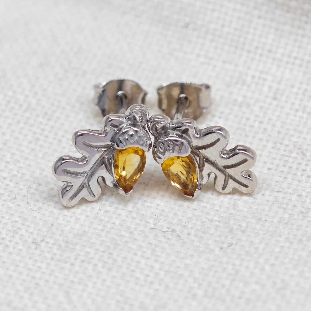 Oak Leaf Stud Earrings with Citrine Acorn