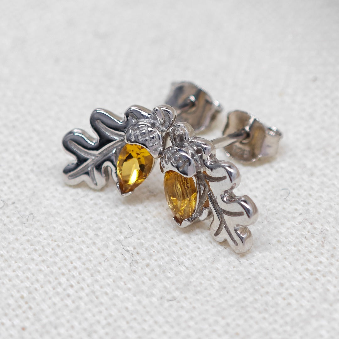 Oak Leaf Stud Earrings with Citrine Acorn