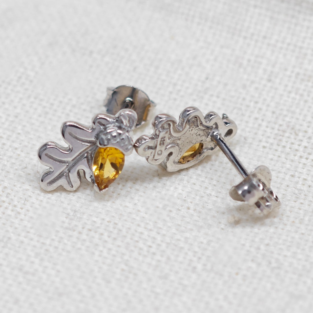 Oak Leaf Stud Earrings with Citrine Acorn