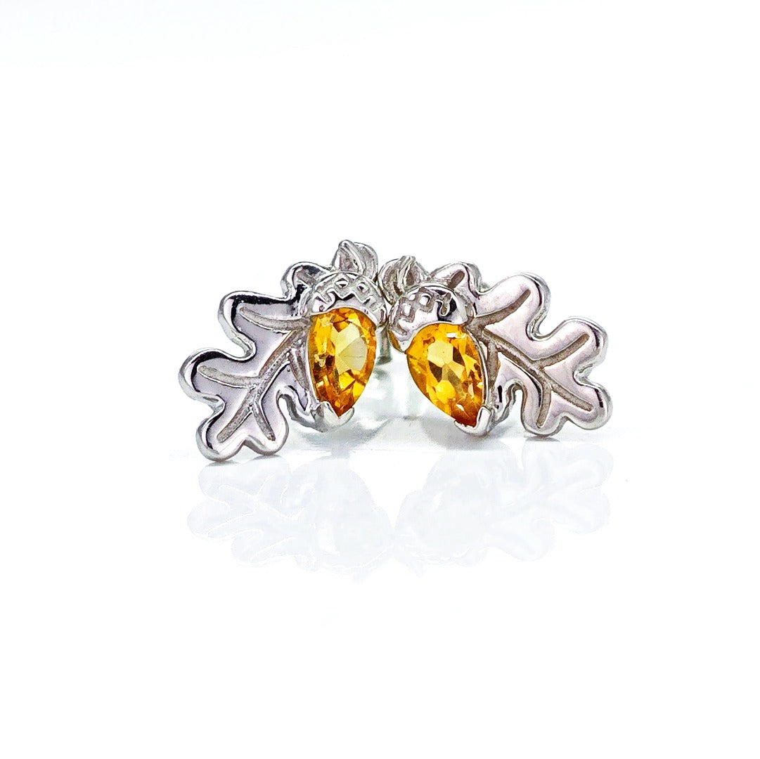 Oak Leaf Stud Earrings with Citrine Acorn