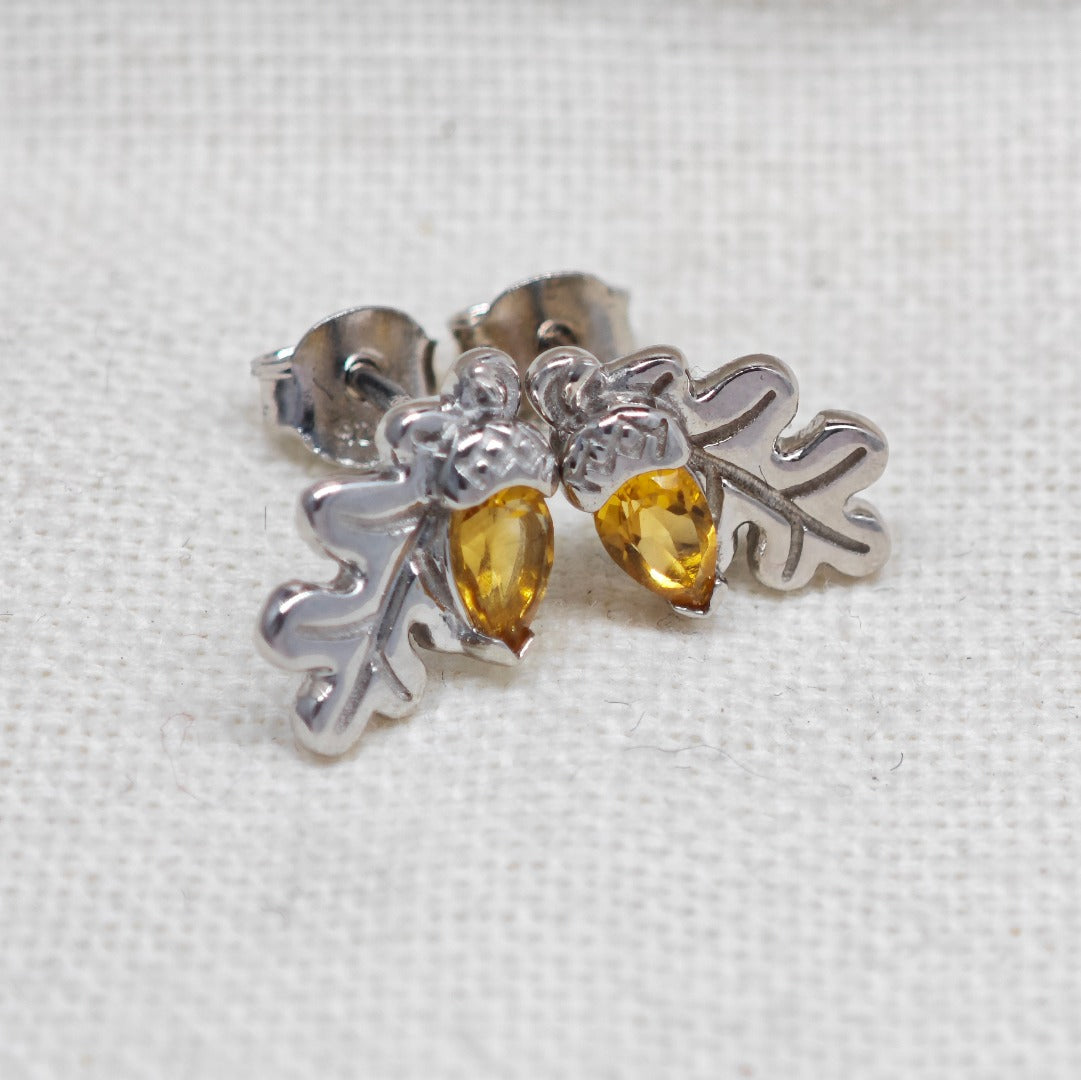 Oak Leaf Stud Earrings with Citrine Acorn