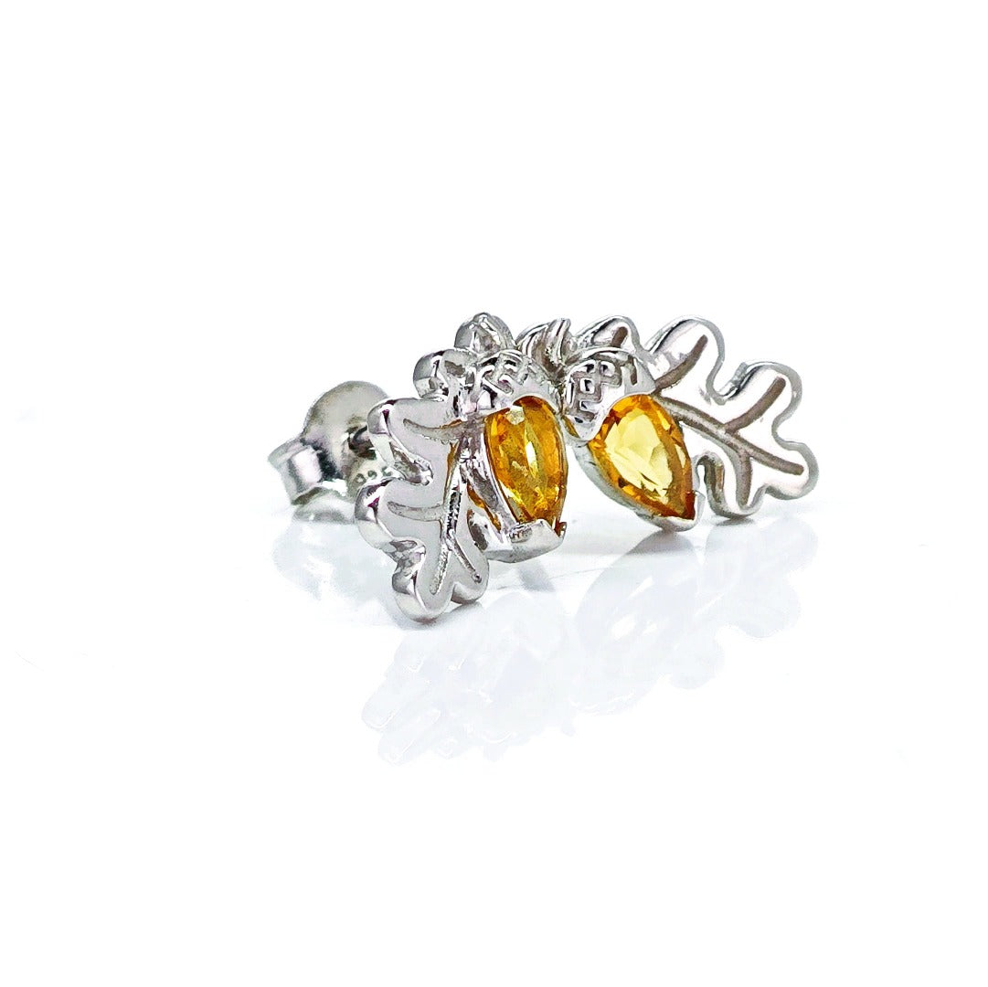 Oak Leaf Stud Earrings with Citrine Acorn