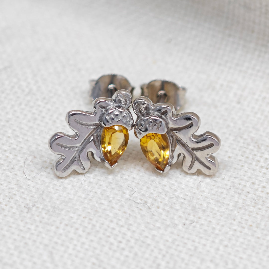 Oak Leaf Stud Earrings with Citrine Acorn