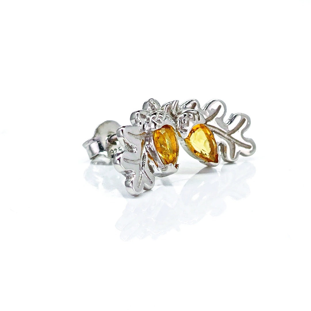 Oak Leaf Stud Earrings with Citrine Acorn