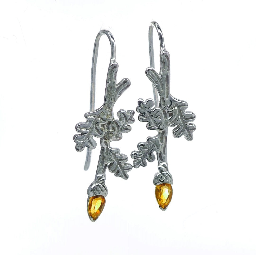 Oak Leaf Citrine Acorn Dangle Earrings