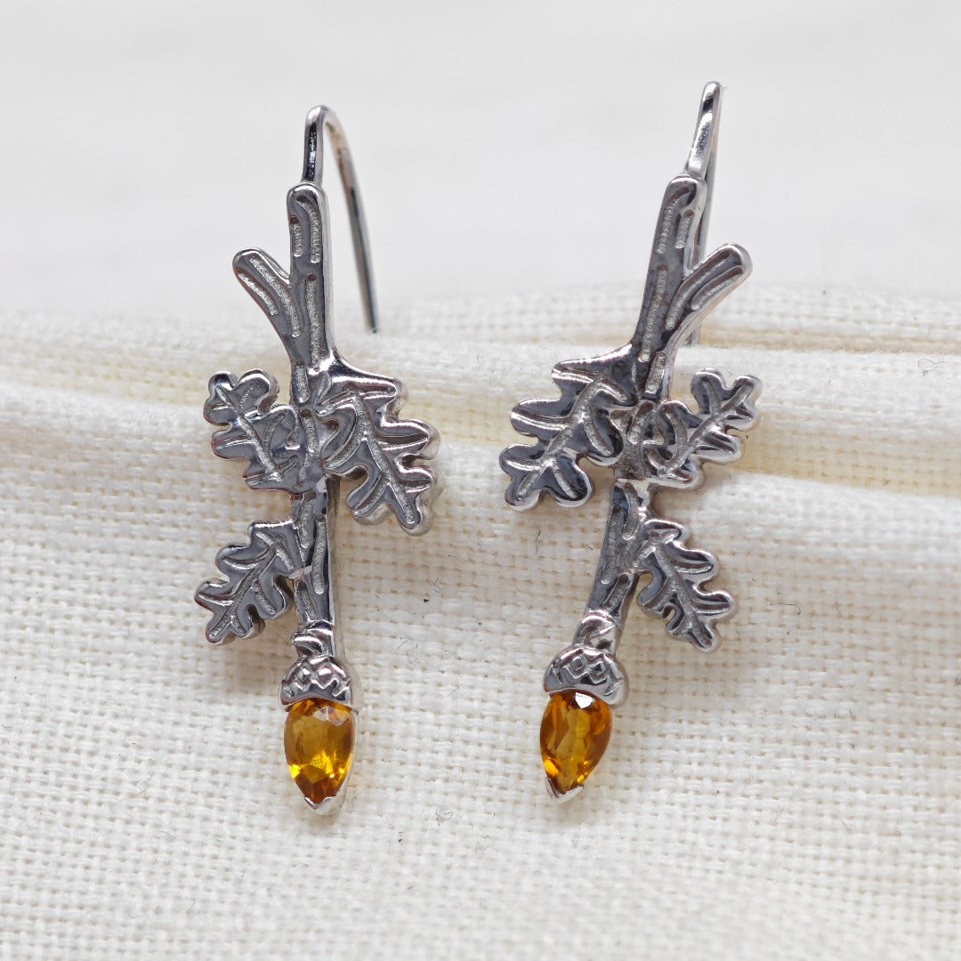 Oak Leaf Citrine Acorn Dangle Earrings