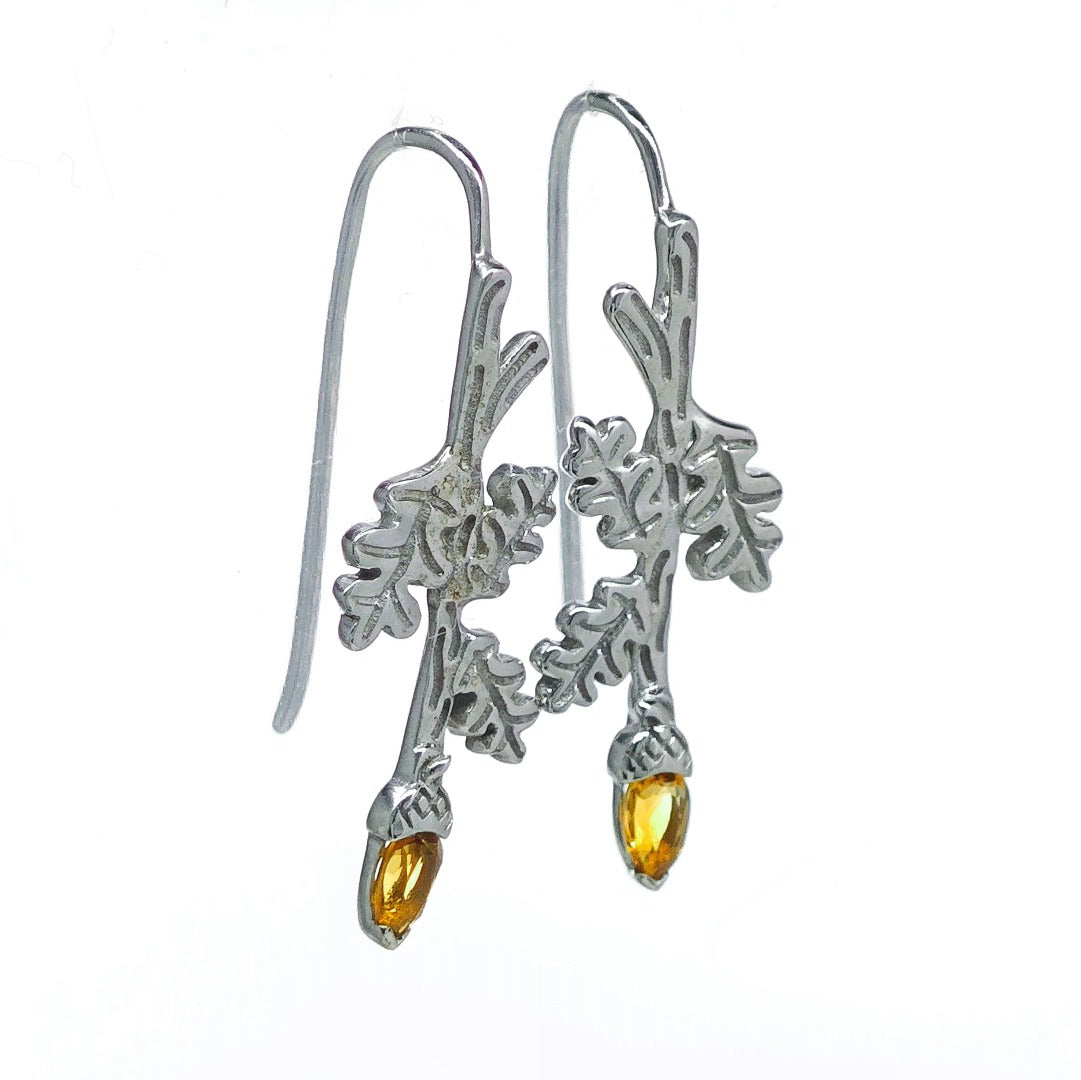 Oak Leaf Citrine Acorn Dangle Earrings