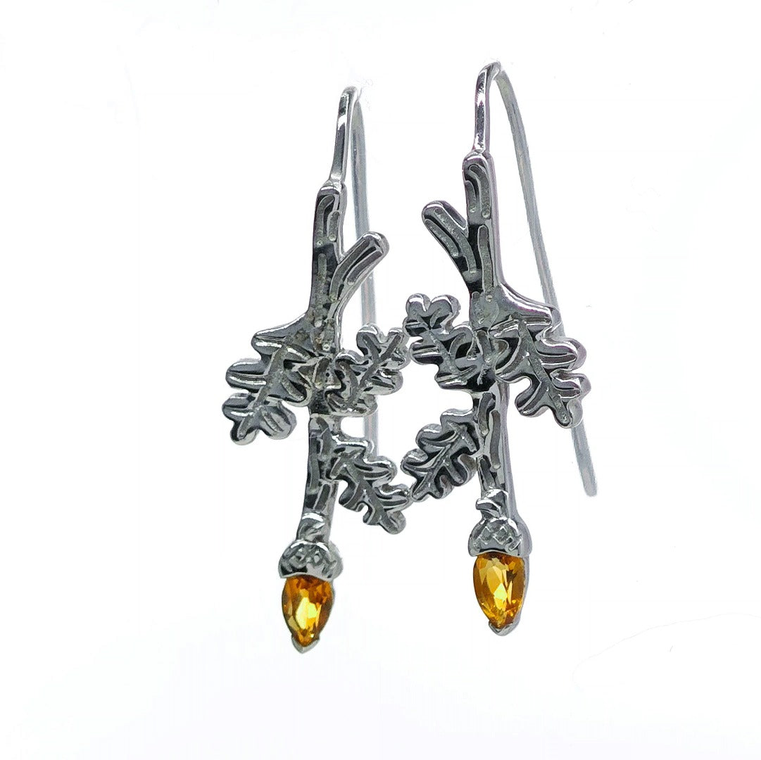 Oak Leaf Citrine Acorn Dangle Earrings