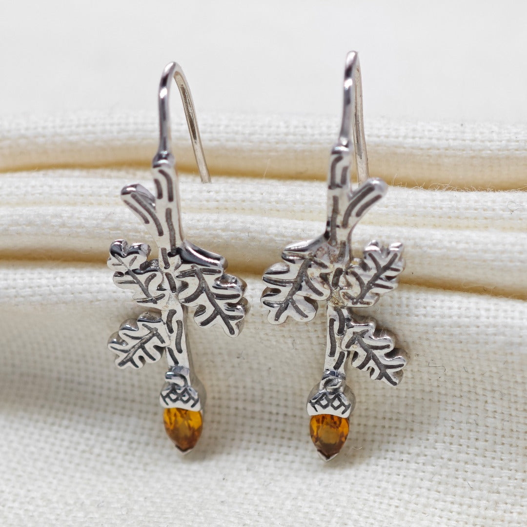 Oak Leaf Citrine Acorn Dangle Earrings