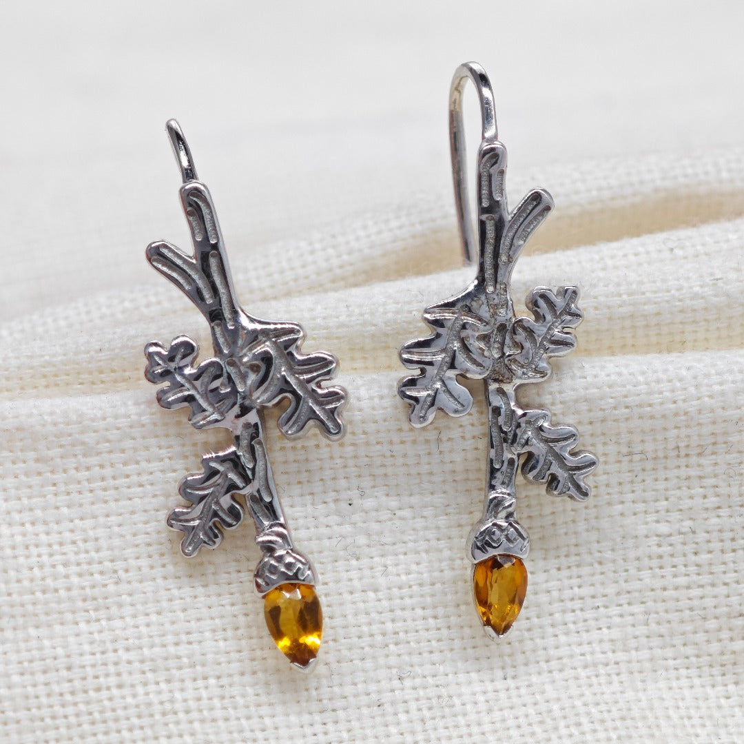 Oak Leaf Citrine Acorn Dangle Earrings