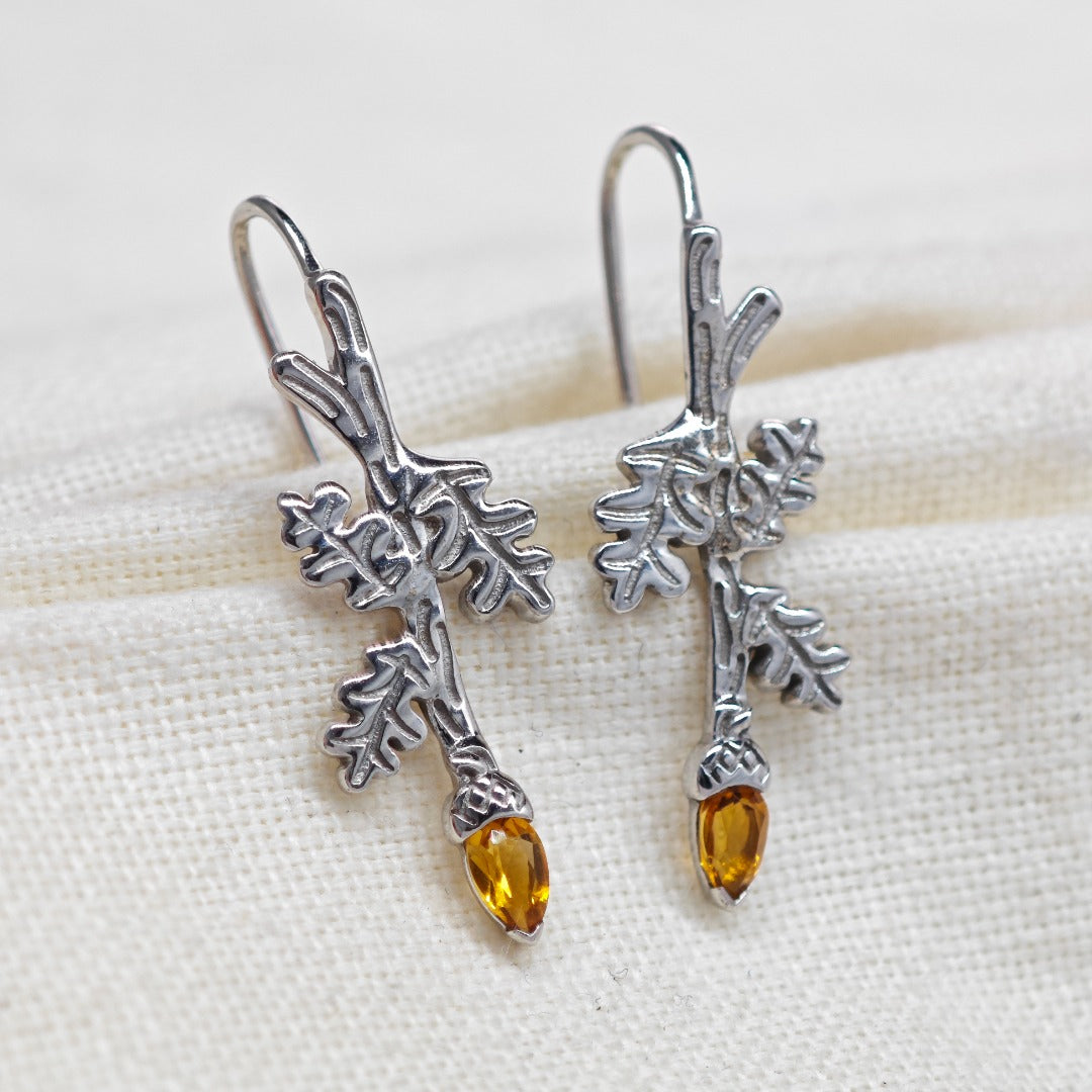 Oak Leaf Citrine Acorn Dangle Earrings