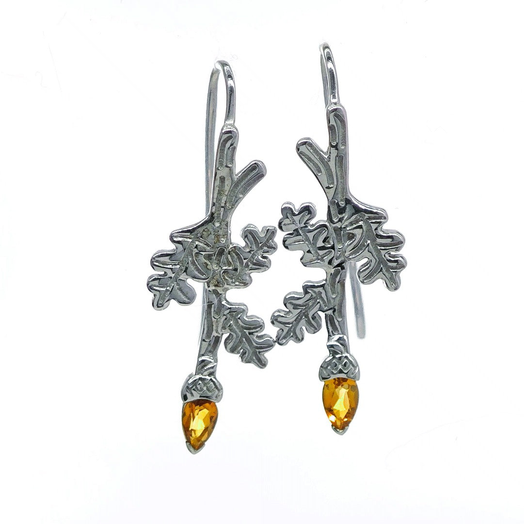 Oak Leaf Citrine Acorn Dangle Earrings