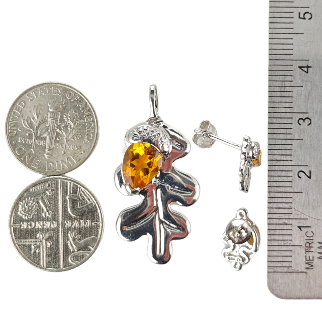 Citrine oak and acorn sterling silver pendant and stud earrings dimensions