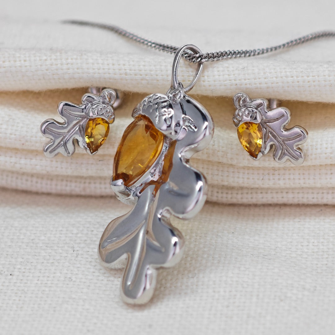 Citrine oak and acorn sterling silver pendant and stud earrings