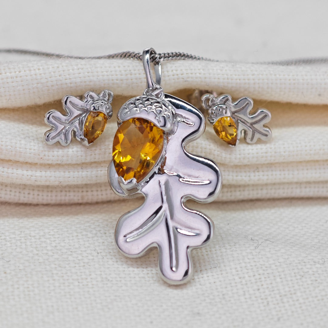 Citrine oak and acorn sterling silver pendant and stud earrings