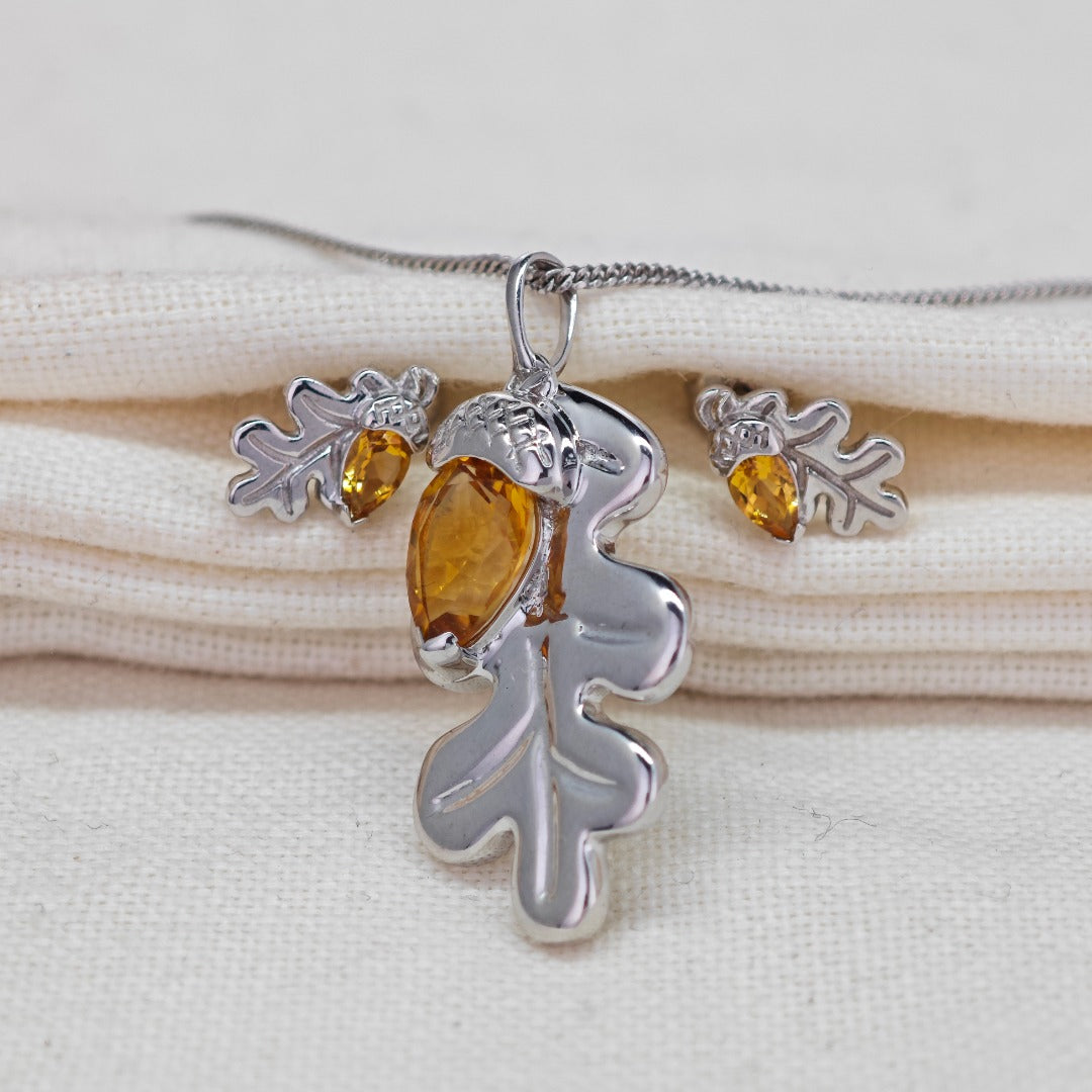 Citrine oak and acorn sterling silver pendant and stud earrings