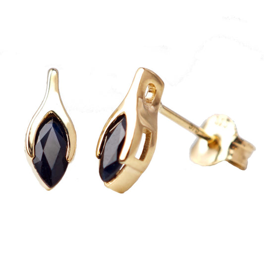 9ct Gold Sapphire Studs Earrings Dark Inky Blue Minimalist Marquise