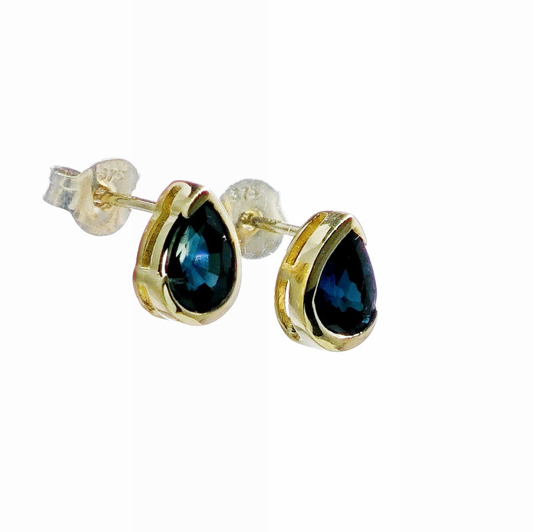 9ct Yellow Gold Sapphire Earrings Natural Vivid Blue Gemstone Studs Handmade