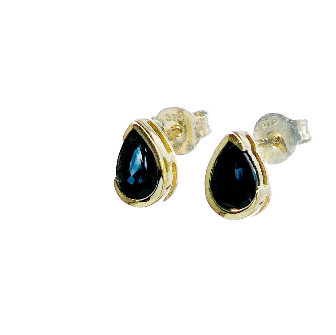 9ct Yellow Gold Sapphire Earrings Natural Vivid Blue Gemstone Studs Handmade