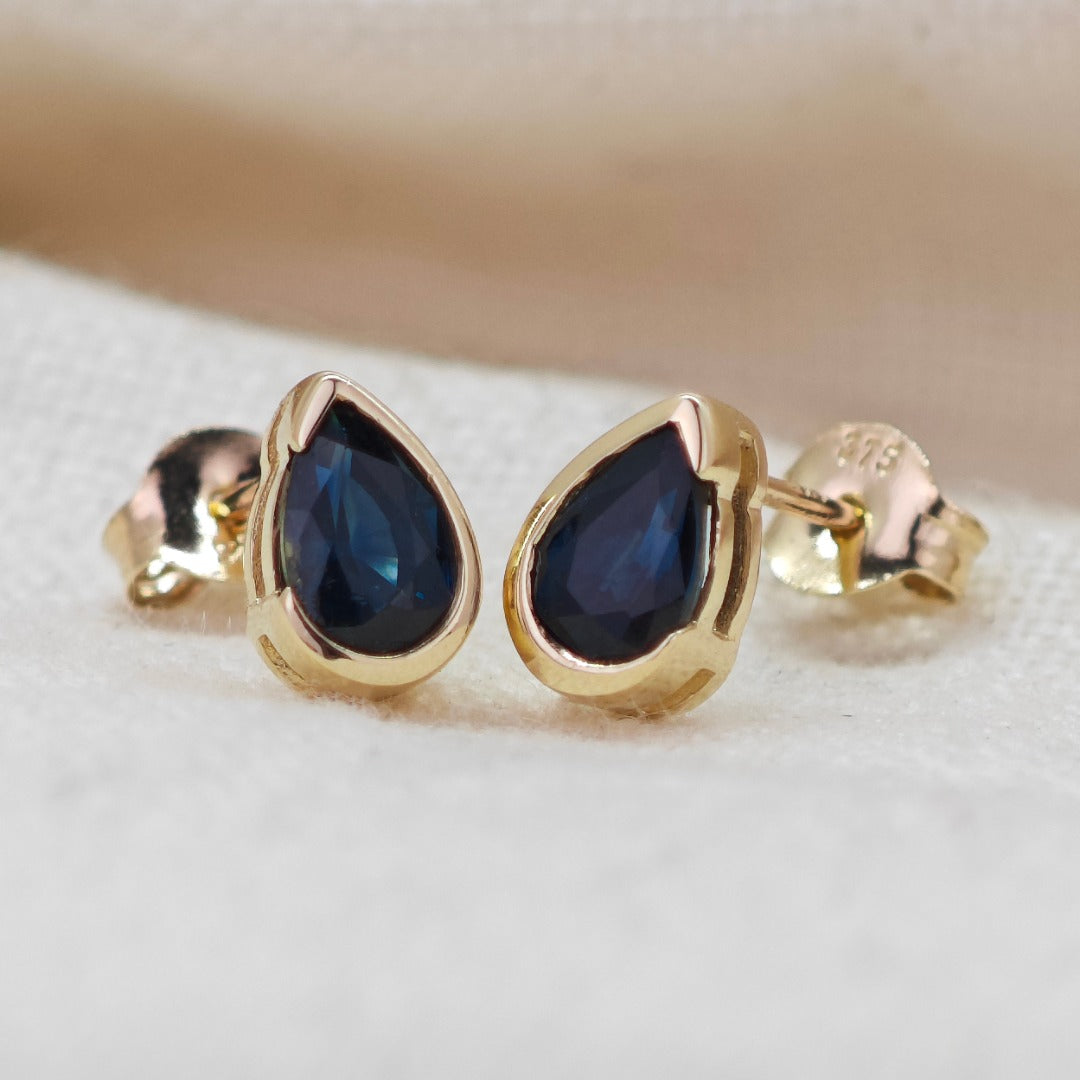 9ct Yellow Gold Sapphire Earrings Natural Vivid Blue Gemstone Studs Handmade