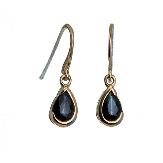 9ct Yellow Gold Sapphire Earrings Natural Inky Blue Gemstone Dangle Handmade