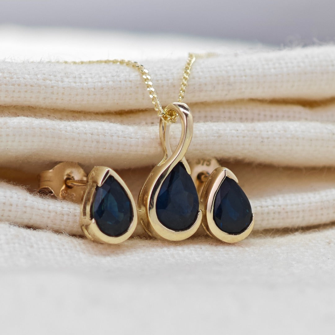 9ct Yellow Gold Blue Sapphire Set Pendant Stud Earrings Infinity Loop Natural Gemstone