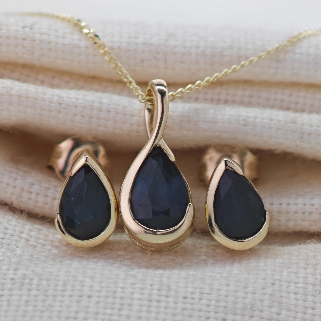 9ct Yellow Gold Blue Sapphire Set Pendant Stud Earrings Infinity Loop Natural Gemstone